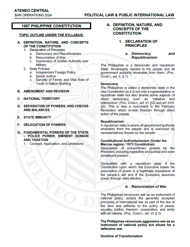 Reviewer Ateneo Blue Notes 2024 Bar Reviewer in POLITICAL and PUBLIC INTERNATIONAL  LAW